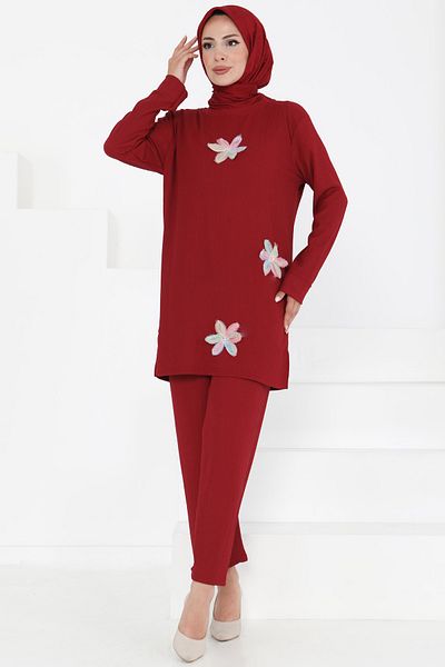 TOFİSA Flower Detailed Double Suit Claret Red - 27371