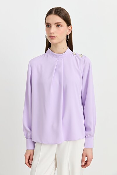 Nihan Omzu Düğmeli Şık Bluz Lila