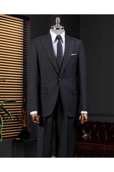 TerziAdemAltun Italian Style Striped Jacket Pants Suit 88% Wool Black T14147