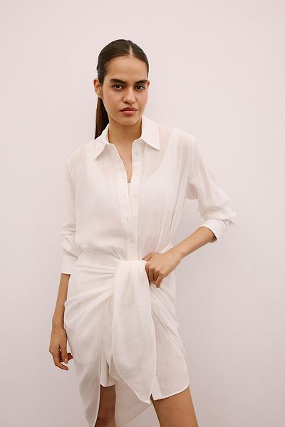 Rue Studio Ecru Mini Shirt Dress with Waist Tie Detail