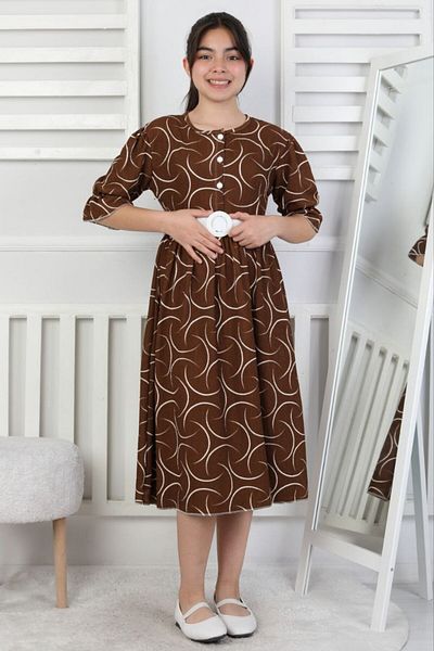 ABİYEKİDS Кафява рокля за момиче от креп с копчета и колан ABY194