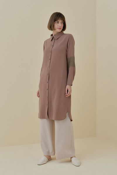 Nihan Lace and Mesh Detailed Tunic Light Brown