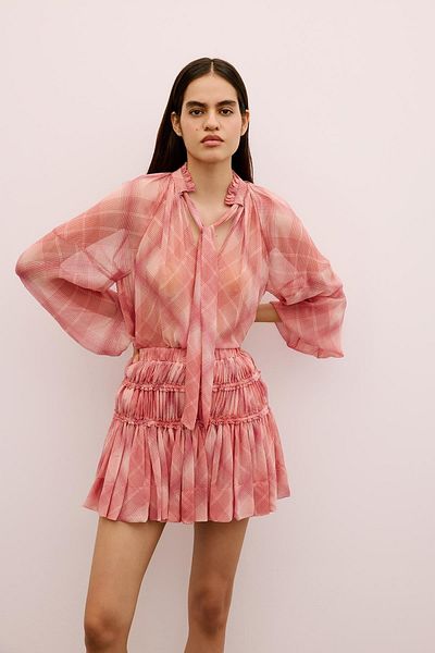 rue. Patterned Chiffon Skirt with Ruffle Detail