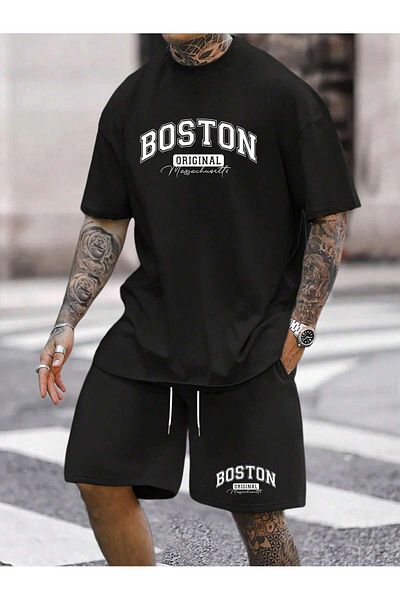LUNAVISTA Letter Printed short sleeve t-shirt and shorts for men