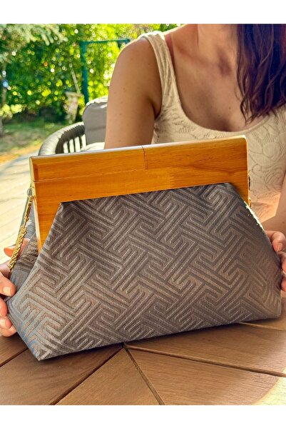 JOPHIEL Bahram Petite - Zincirli, Ahşap Burslu Kumaş Çanta, Clutch, El Çantası, Kol Çantası, Omuz Çantası