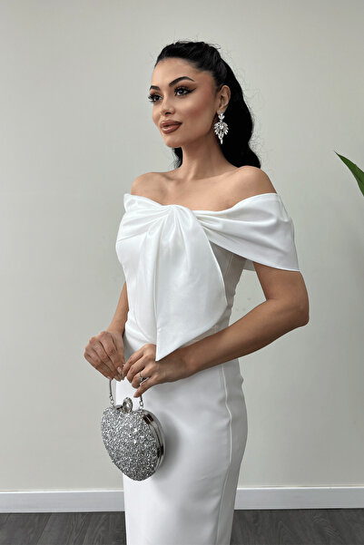 giyimmasalı Atlas Kumaş Yakası Kurdale Detaylı Kalem Elbise - BEYAZ