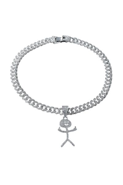 Tessero Cuban Chain Necklace with Hip Hop Diamond Iced Out Pendant, Vulgar Figurine, 18K Gold Plated, Unisex