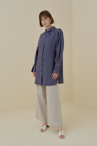 Nihan Oversize Linen Tunic with Sleeve Detail Indigo