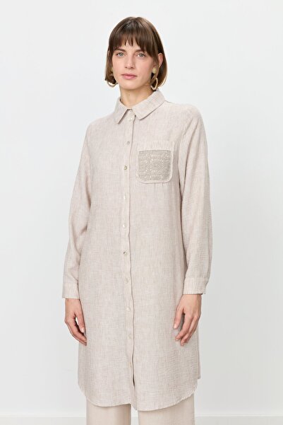 Nihan Brode Dantel Detaylı Keten Görünümlü Tunik Kahve
