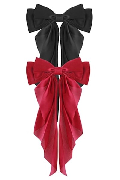 DELPI Set 2 x Clame de păr, Satin, Fundă mare, Roșu și negru