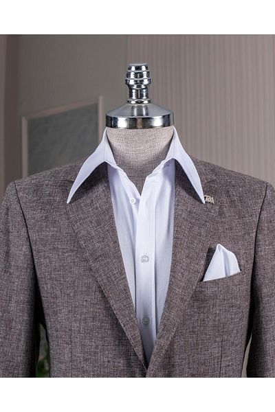 TerziAdemAltun Italian Style Slim Fit Mono Collar Jacket Pants Suit Beige T14365