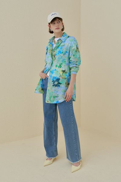 Nihan Gathered Sleeves Shirt Collar Tunic Blue