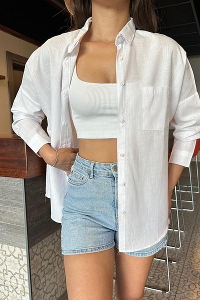 BİKELİFE Women's Oversize Linen Textured Single Pocket Shirt