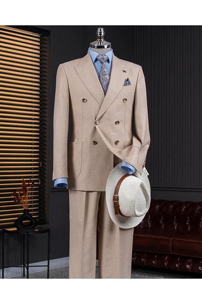 TerziAdemAltun Italian Style Double-Breasted Jacket Pants Suit Camel T14095