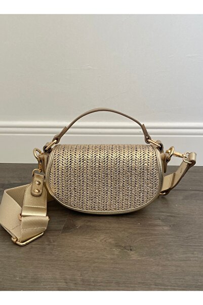 Lunova Altın Kadın Hasır Yarım Ay Modeli El Ve Omuz Çantası