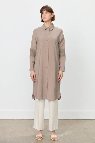 Nihan Dantel ve File Detaylı Modal Tunik Vizon