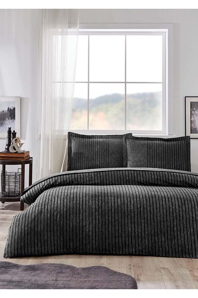 Özdilek Özdilek Ranforce Single Duvet Cover Set with Elastic Sheet-Noir Anthracite