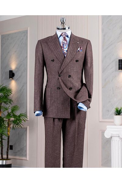 TerziAdemAltun Italian Style Double Breasted Jacket Pants Suit Brown T14092