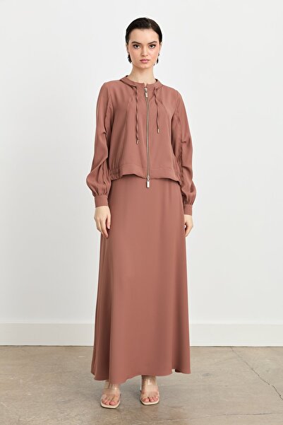 Nihan Yaka Detaylı Etek Ceket Takım Açık Kahve