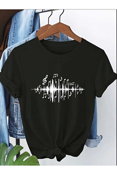 caddekombin تي شيرت أسود من القطن الممشط مطبوع عليه نوتة موسيقية إيقاعية