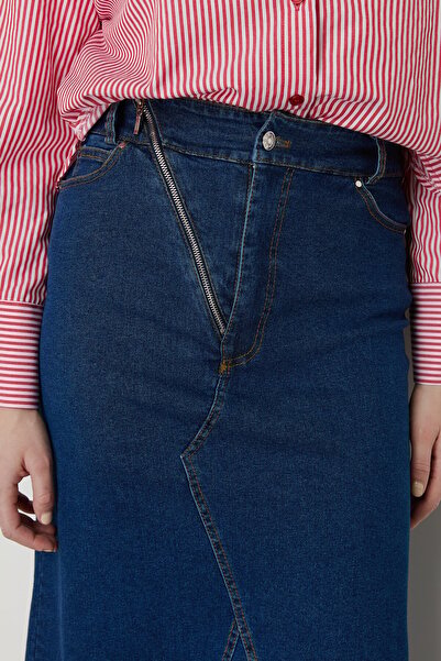Nihan Çıt Çıtlı Fermuar Detaylı Denim Etek İndigo