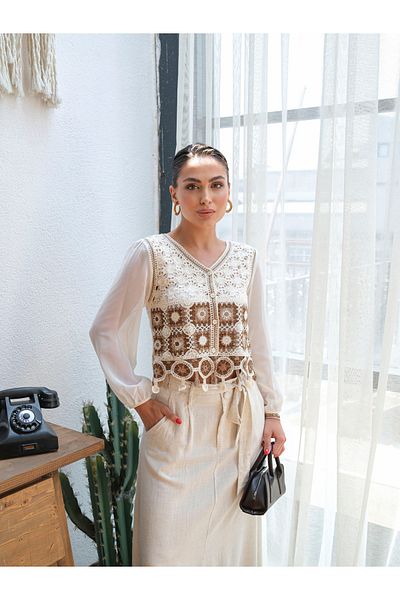 BLUE DAY'S Women's Crochet Cardigan Chiffon Sleeve Detail