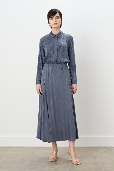 Nihan Premium Çift Fermuar Detaylı Kloş Cupra Etek İndigo