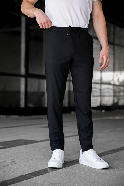 Ser Joven Men's Black Relaxed Fit Side Pockets Elastic Waist Lace up Jogger Pants