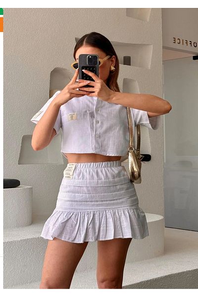Nura Francy Women's White Linen Skirt Shirt Double Bottom Top Suit