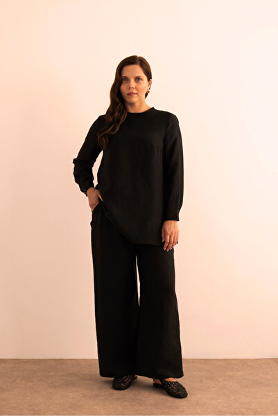 Aker Siyah Beli Lastikli Keten Pantolon