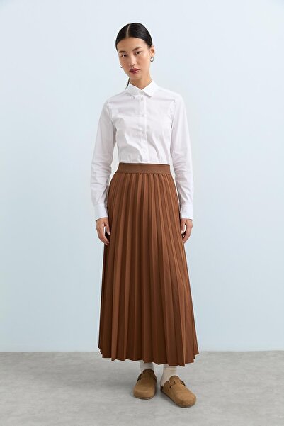 Nihan Beli Lastikli Pilise Etek Açık Kahve