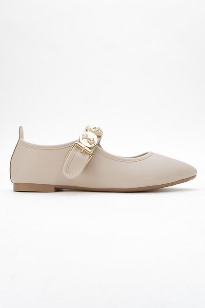 CCWAY AYAKKABI Women's Belted Crested Single-Piece Blunt Toe Ballerina Ten