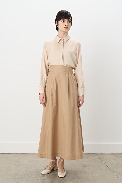 Nihan Düğme Detaylı Poplin Pamuk Etek Camel