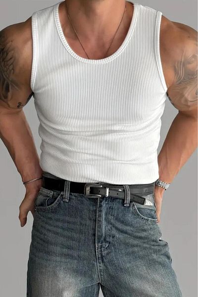 NO 601 Men's White Slimfit Camisole Ribbed Plain Tank Undershirt