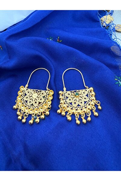 Midyat Artuklu Gümüşçülük Yeşil Akik Taşlı Gümüş Altın Kaplama Top Sallantılı Yöresel Küpe