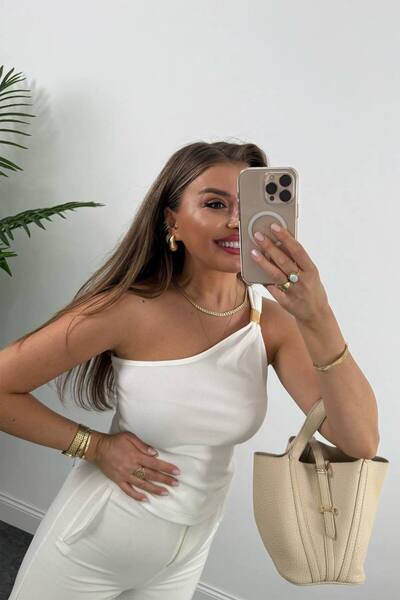 Rute butik One Shoulder Ottoman Fabric Gold Accessory Blouse