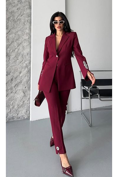 pembekurdelem Women's Stoned Jacket Trousers Suit Burgundy