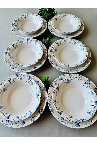 Yiğit Seramik Züccaciye Mavi Çiğdem Model 12 Parça Modern Yemek Takımı (6 Çorba + 6 Yemek Tabağı)