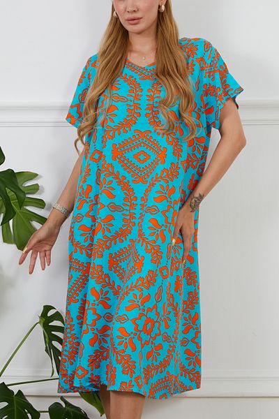 DPARİS Viscose Patterned V Neck Short Sleeve Dress