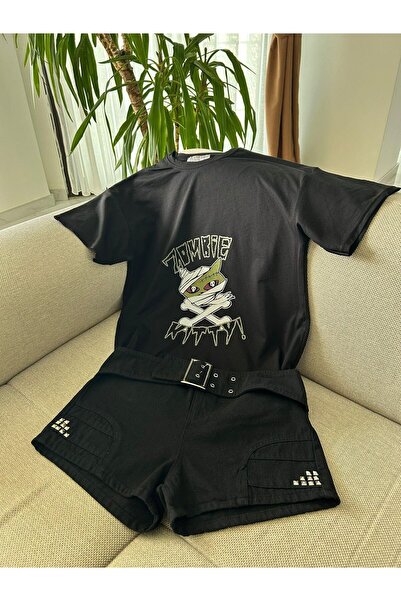 Wisevelya تي شيرت أسود مطبوع عليه زومبي كيتي