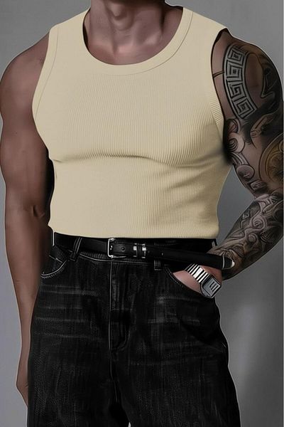 NO 601 Men's Beige Slimfit Camisole Ribbed Plain Tank Undershirt
