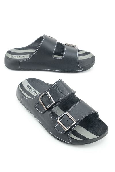 GEZER Men's Summer Two Buckle Adjustable Faux Leather Comfortable Sole Daily Slippers
