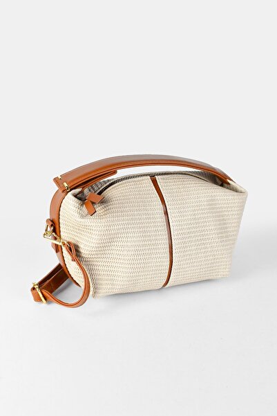 birizmoda Kadın Hasır Görünümlü Çapraz Askılı El Çantası - Krem