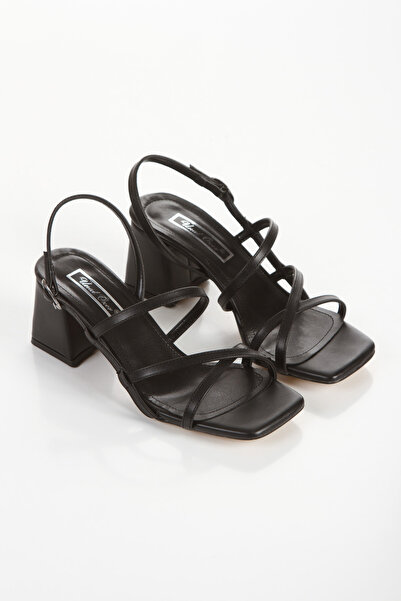 ÜNAL ÖZER Kadın Siyah Cilt Biye Bantlı Arka Açık Kalın Topuklu Ayakkabı Un001-0324