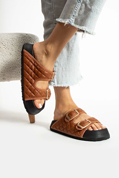 Sivarro Quilted Brown Buckle Women's Slippers – Orthopedic, Stylish, Non-Slip Sole