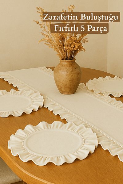 KAMİZ 5 Piece Dowry Set with Ruffles - Ruffled Linen Runner 4 Pieces Ruffled American Service Supla Presentation