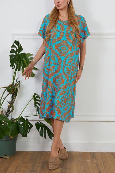 DPARİS Viscose Patterned V Neck Short Sleeve Dress