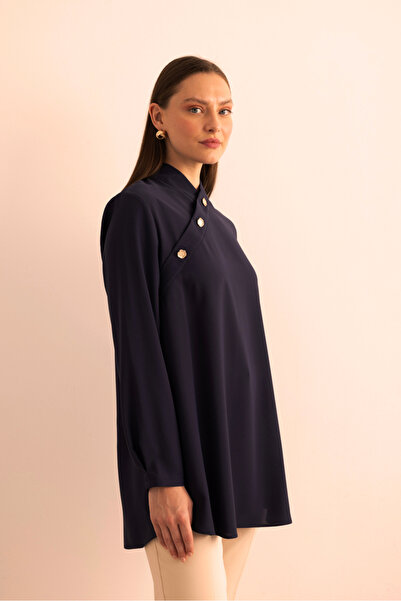 Aker Yakası Asimetrik , Metal Düğme Detaylı Dokuma Tunik