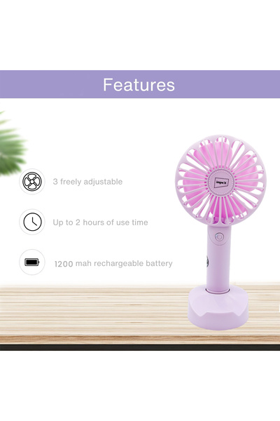 İMPEX IMPEX Pink Rechargeable Hand Fan with 3 Speeds, USB Charging, 1200mAh Battery – HF-01