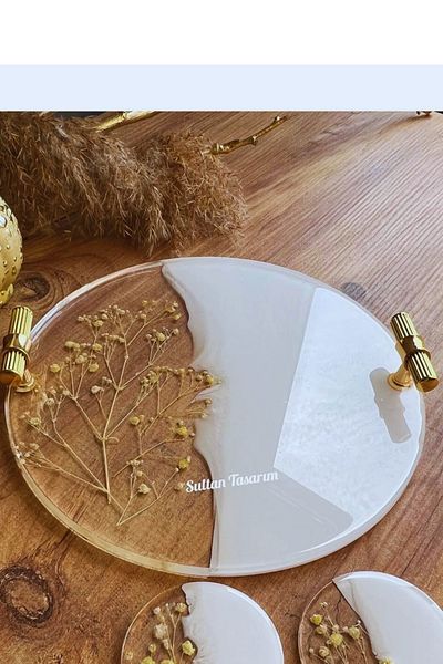 Sultan Tasarım Two-Person Real Dried Flower Epoxy Tray -24 cm